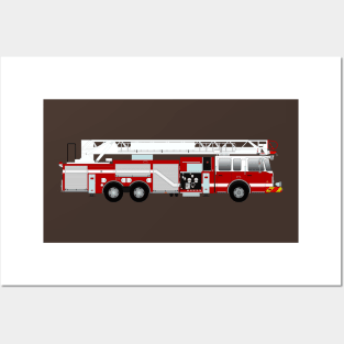 Red and White Fire Truck - Ladder Posters and Art